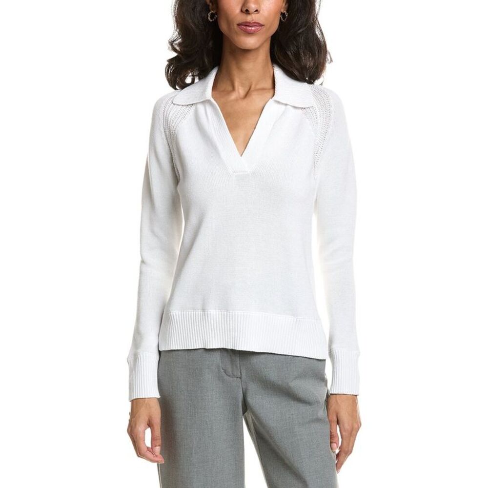 Forte Womens Split Neck Polo Sweater, White